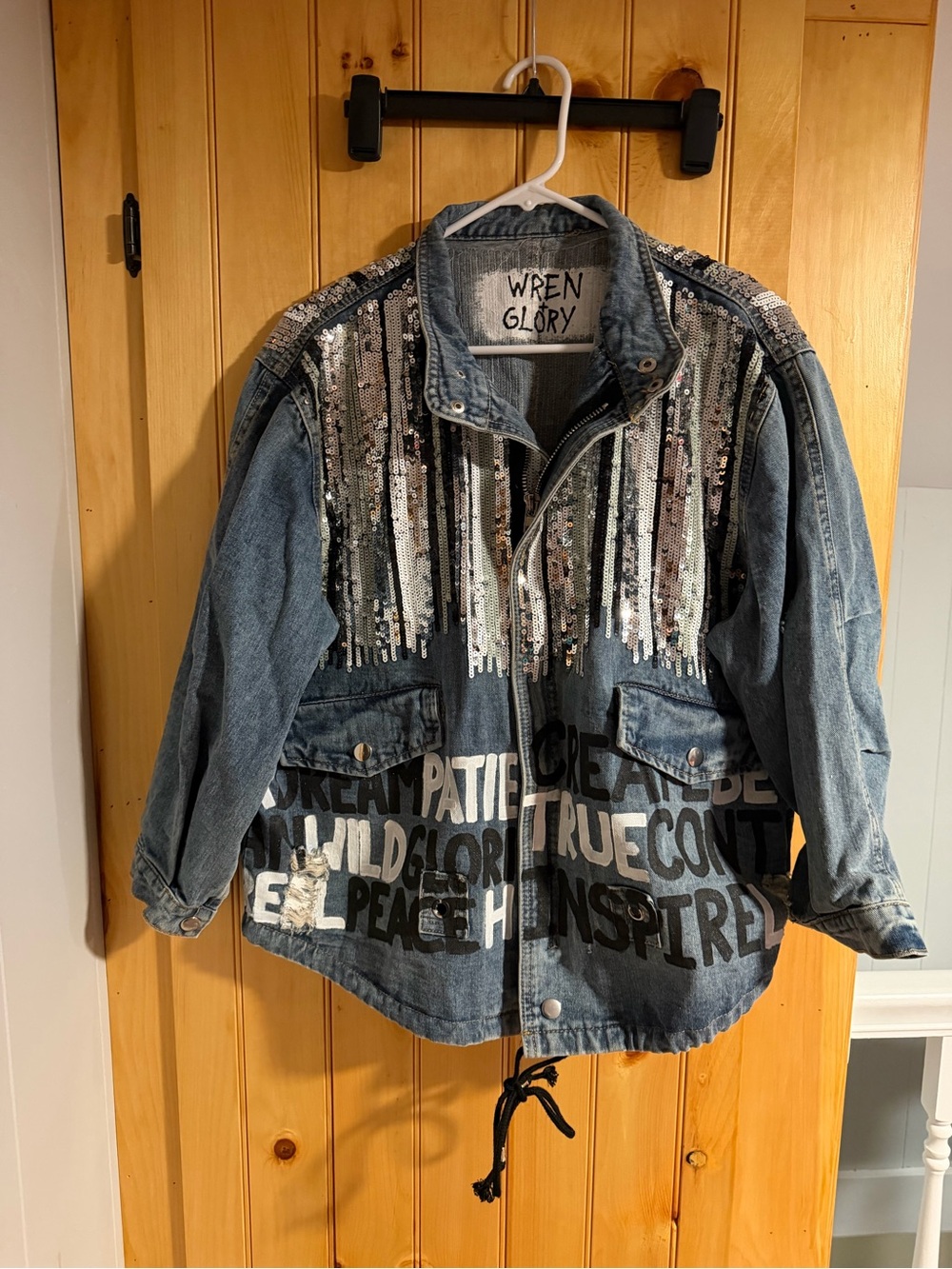 Wren + Glory Positive Vibes Hand Painted Denim Jacket Sequin Fringe Oversized M